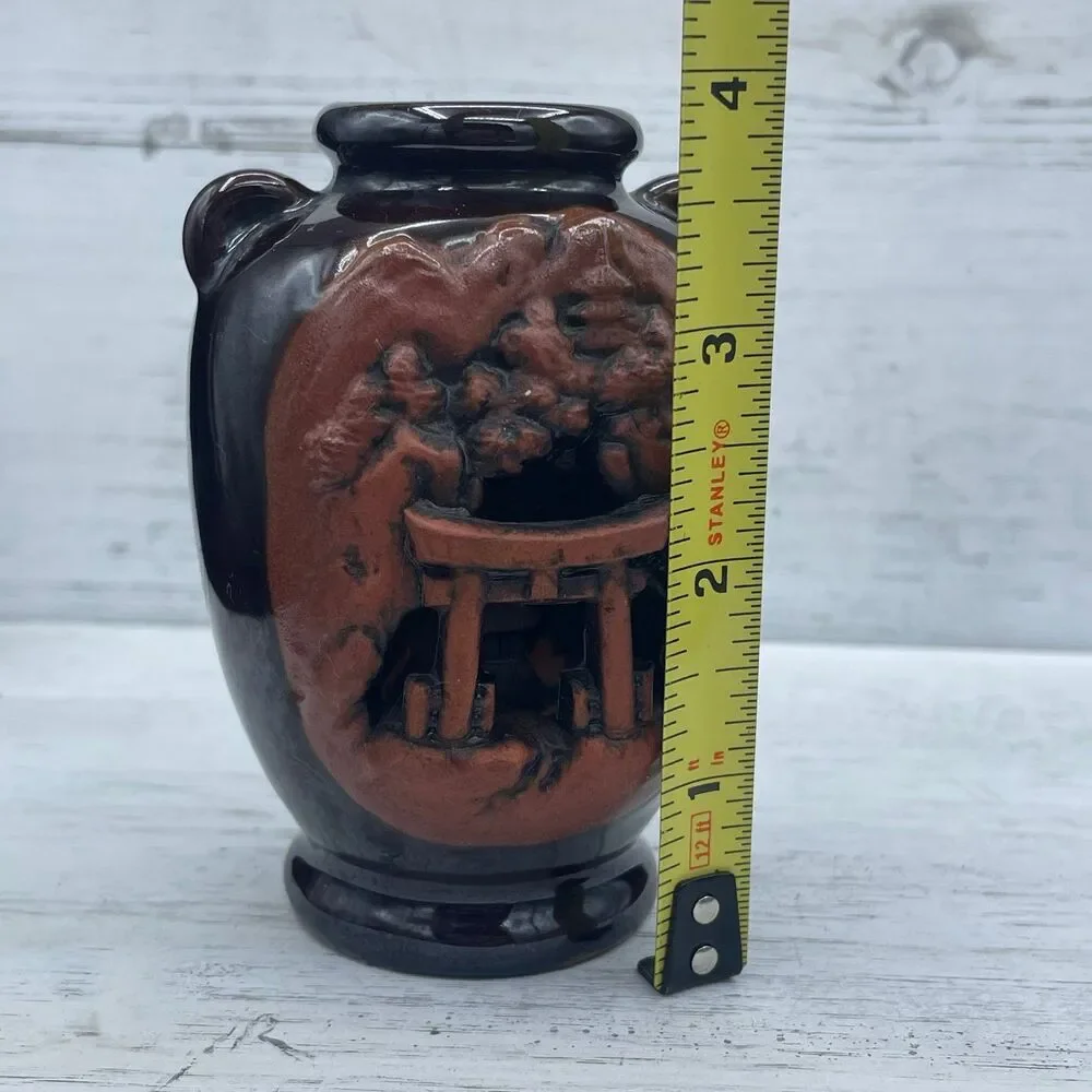 Vintage Japanese Banko Ware Carved Relief Vase Torii Gate Pine Tree